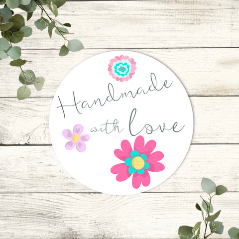 Handmade with love Stickers | Round 37mm Stickers | 2 x A4 | 70 stickers |