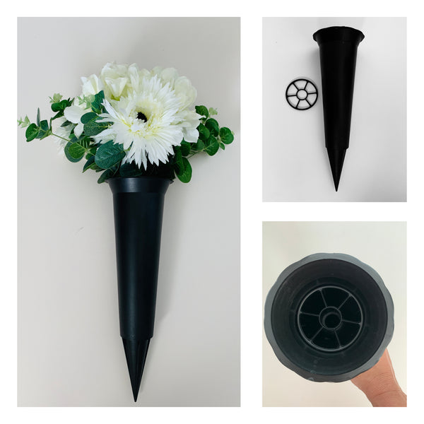 graveside vase in black with verse