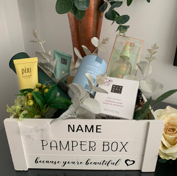 Personalised Pamper Crate/Box, Bathroom Storage Box, White Box 26cm