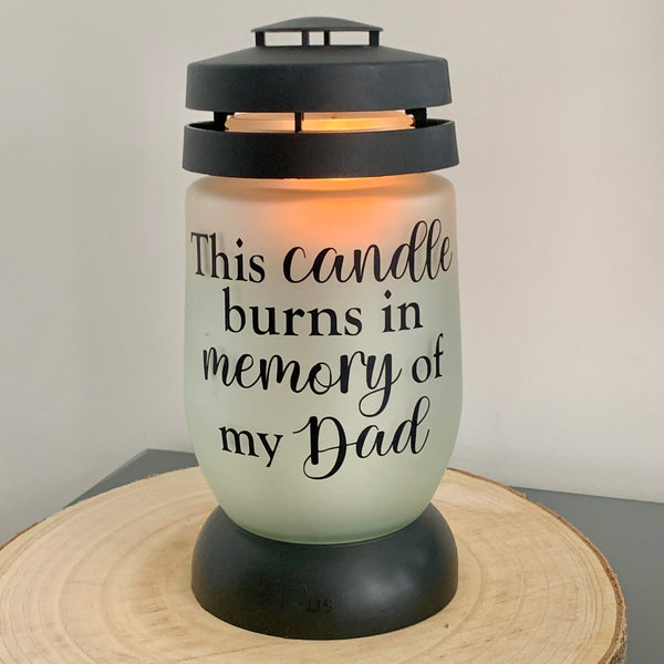 This candle burns in memory of my Dad, Memory Lantern, Memorial Candle, Grave Lantern, Large Remembrance Lantern, Any Name, own words.