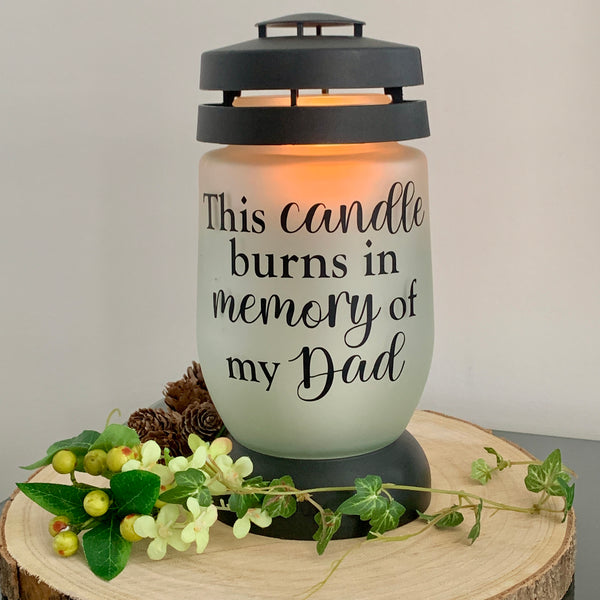 This candle burns in memory of my Dad, Memory Lantern, Memorial Candle, Grave Lantern, Large Remembrance Lantern, Any Name, own words.