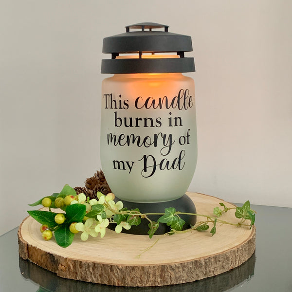 This candle burns in memory of my Dad, Memory Lantern, Memorial Candle, Grave Lantern, Large Remembrance Lantern, Any Name, own words.