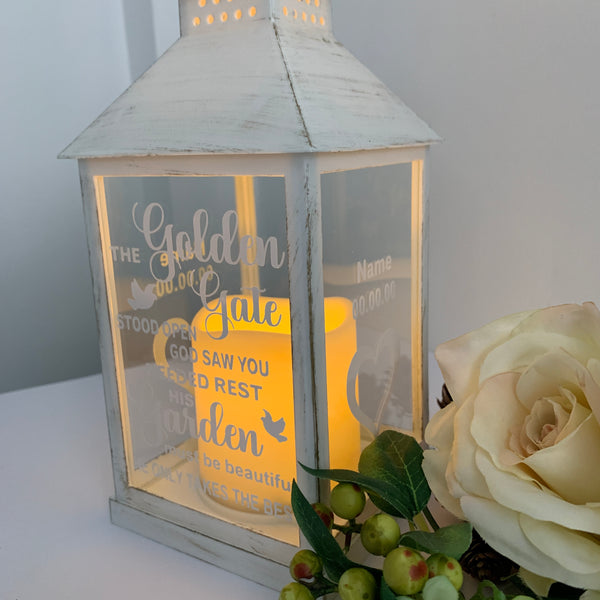 The Golden Gate stood open, god saw you needed rest, his garden must be beautiful, he only takes the best, memorial lantern with candle