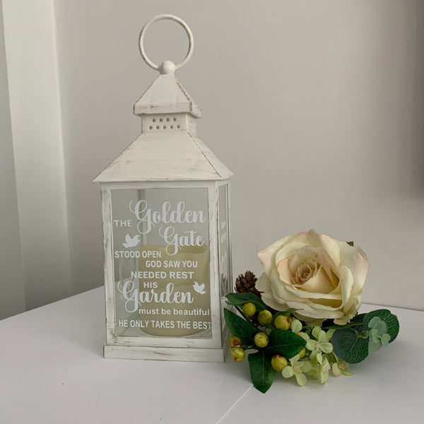 The Golden Gate stood open, god saw you needed rest, his garden must be beautiful, he only takes the best, memorial lantern with candle