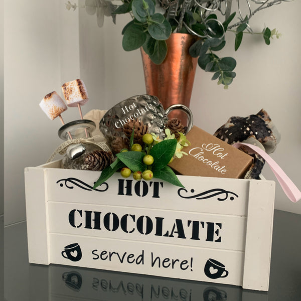 Hot Chocolate Hamper Box, Kitchen Crate, 26 x 11 x 21 cm Crate, Wooden Box/Crate for Kitchen/Larder, Hot Chocolate Station