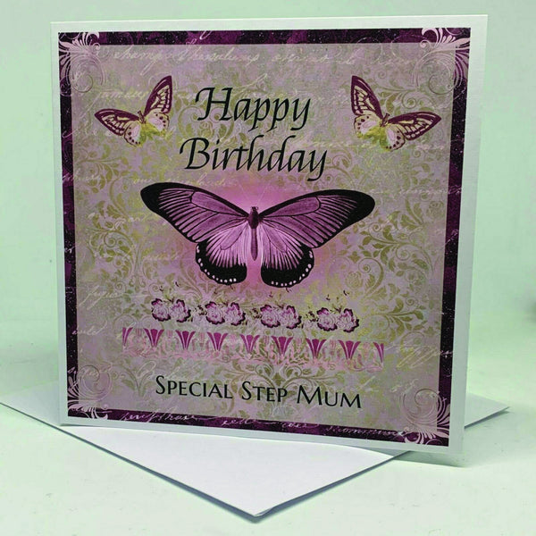 Birthday Card, Step Mum Card, Happy Birthday Card, Greeting Card, Butterfly card. Pink/Purple Card, Card for Her, Step Mum.