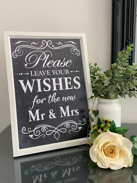 Wedding Sign, Please leave your wishes for the new Mr & Mrs. Framed print 22 cm x 27 cm, Chalk Sign, Wedding Venue Decor. White Framed Print