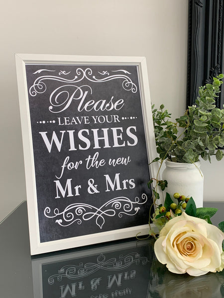 Wedding Sign, Please leave your wishes for the new Mr & Mrs. Framed print 22 cm x 27 cm, Chalk Sign, Wedding Venue Decor. White Framed Print