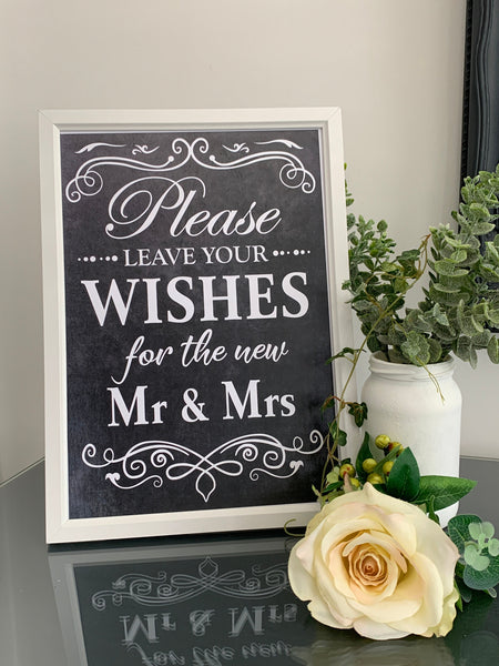 Wedding Sign, Please leave your wishes for the new Mr & Mrs. Framed print 22 cm x 27 cm, Chalk Sign, Wedding Venue Decor. White Framed Print