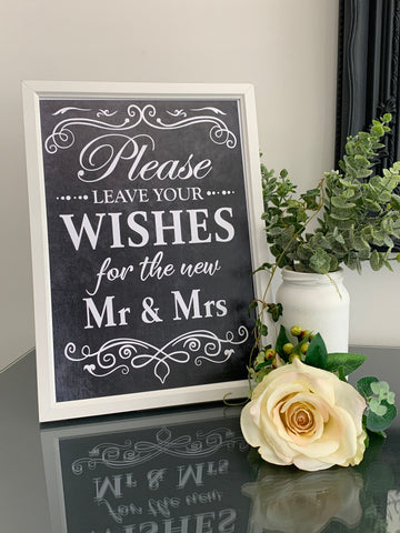 Wedding Sign, Please leave your wishes for the new Mr & Mrs. Framed print 22 cm x 27 cm, Chalk Sign, Wedding Venue Decor. White Framed Print