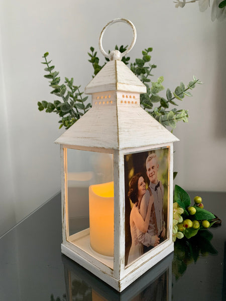 Photo Lantern with Candle, Memorial Lantern, Personalised Lantern, Sympathy Lantern, Memorial keepsake Lantern, White and Gold Lantern