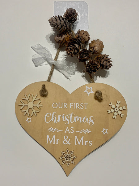 First Christmas, Mr & Mrs, Heart Sign, Mr and Mrs Christmas Decoration, Heart Wall Hanging,. Christmas gift, Married couple gift,