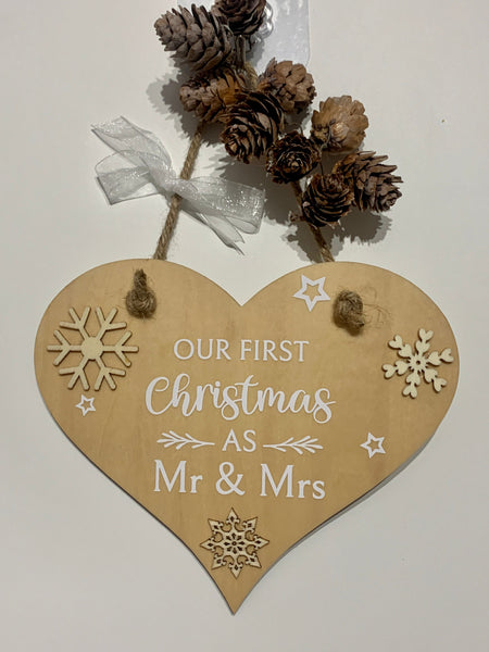 First Christmas, Mr & Mrs, Heart Sign, Mr and Mrs Christmas Decoration, Heart Wall Hanging,. Christmas gift, Married couple gift,