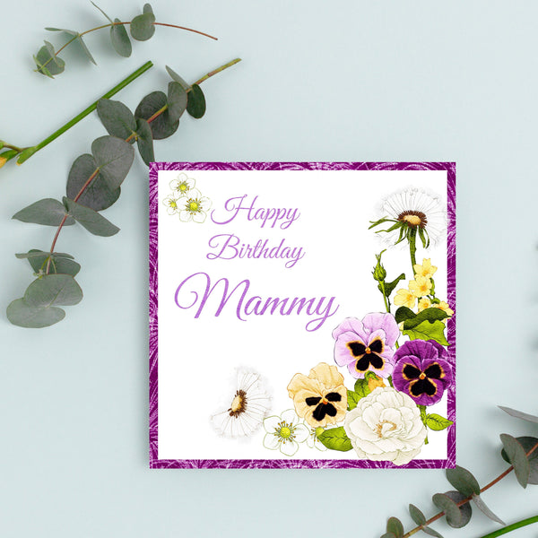 Floral Pansy Greeting Card for Mammy's Birthday Celebration.