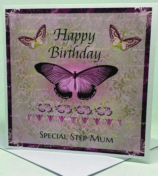 Birthday Card, Step Mum Card, Happy Birthday Card, Greeting Card, Butterfly card. Pink/Purple Card, Card for Her, Step Mum.