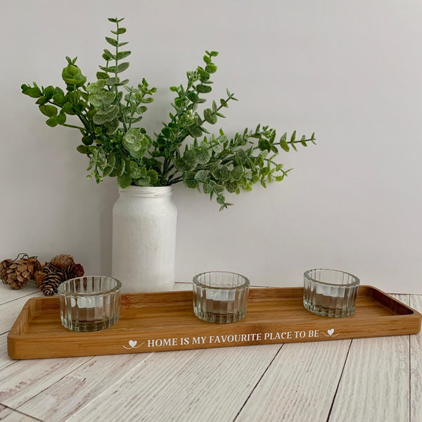 Candle Tray, Wooden Tray, Mum Gift, Home Decor, Home is my Favourite Place to Be. Tea light Candles, Tea Light Candle holders, 3 Candles.