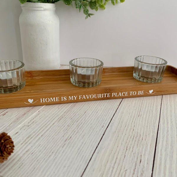 Candle Tray, Wooden Tray, Mum Gift, Home Decor, Home is my Favourite Place to Be. Tea light Candles, Tea Light Candle holders, 3 Candles.