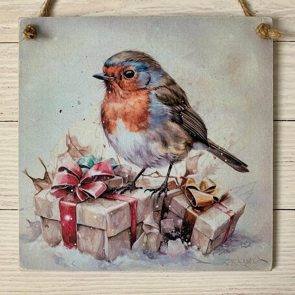 Christmas Robin Sign, Wall Hanger, Christmas Decoupage Sign, Christmas Gift, Lost Loved ones at Christmas, Home Decoration, 15 cm x 15 cm.