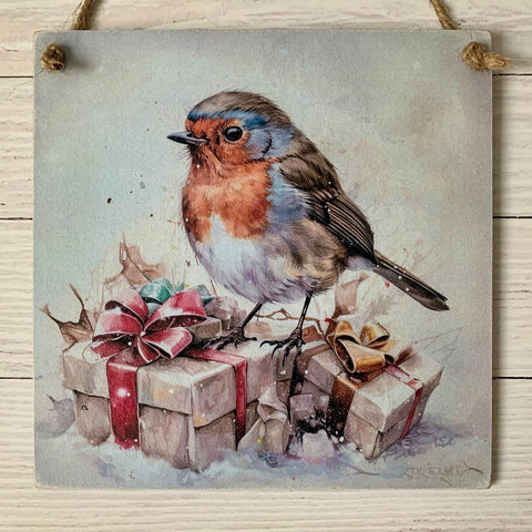 Christmas Robin Sign, Wall Hanger, Christmas Decoupage Sign, Christmas Gift, Lost Loved ones at Christmas, Home Decoration, 15 cm x 15 cm.
