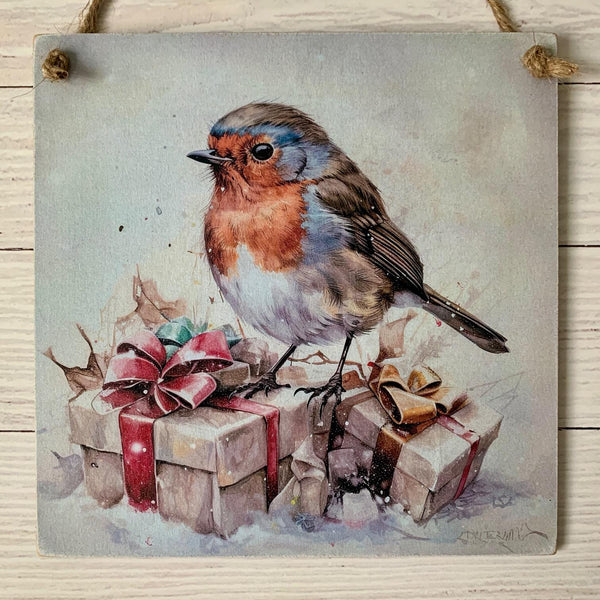 Christmas Robin Sign, Wall Hanger, Christmas Decoupage Sign, Christmas Gift, Lost Loved ones at Christmas, Home Decoration, 15 cm x 15 cm.