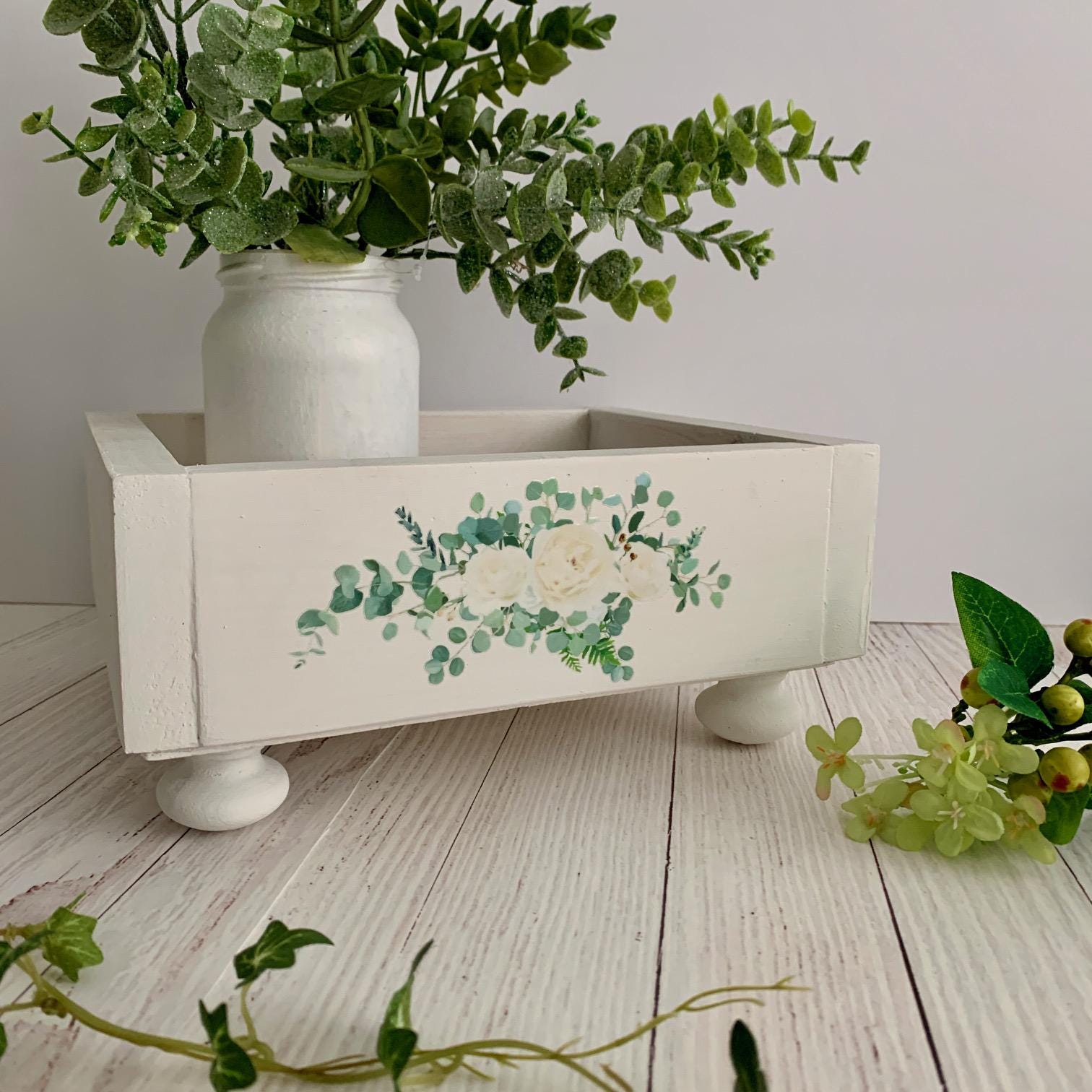 Gift for Mum, Gift For Nanny, White wooden tray with Eucalyptus design, Make up tray, Kitchen Tray, Storage Tray, Bedroom Tray, Shabby Chic.