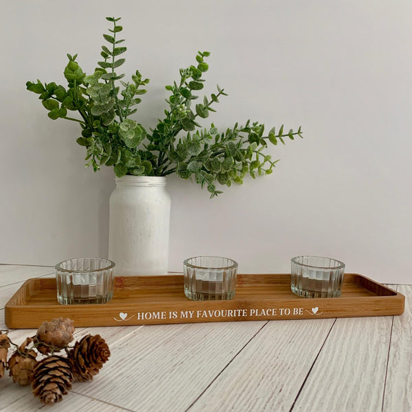 Candle Tray, Wooden Tray, Mum Gift, Home Decor, Home is my Favourite Place to Be. Tea light Candles, Tea Light Candle holders, 3 Candles.