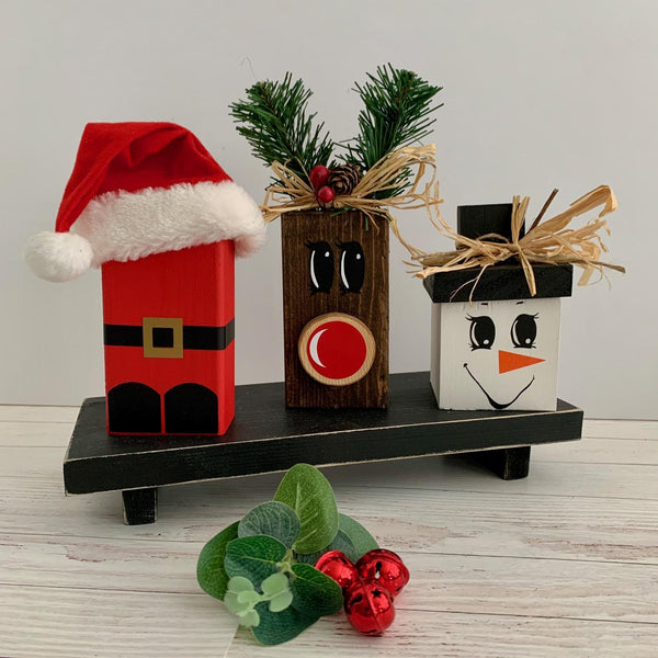 Christmas Wood Block Set, Wooden Tier Tray Cute Home Decor, Santa Claus, Snowman, Reindeer. Christmas Decorations, Wood Shelf Sitters.