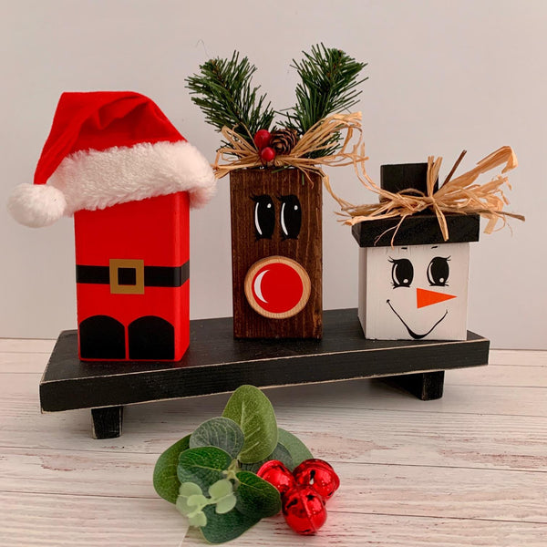 Christmas Wood Block Set, Wooden Tier Tray Cute Home Decor, Santa Claus, Snowman, Reindeer. Christmas Decorations, Wood Shelf Sitters.