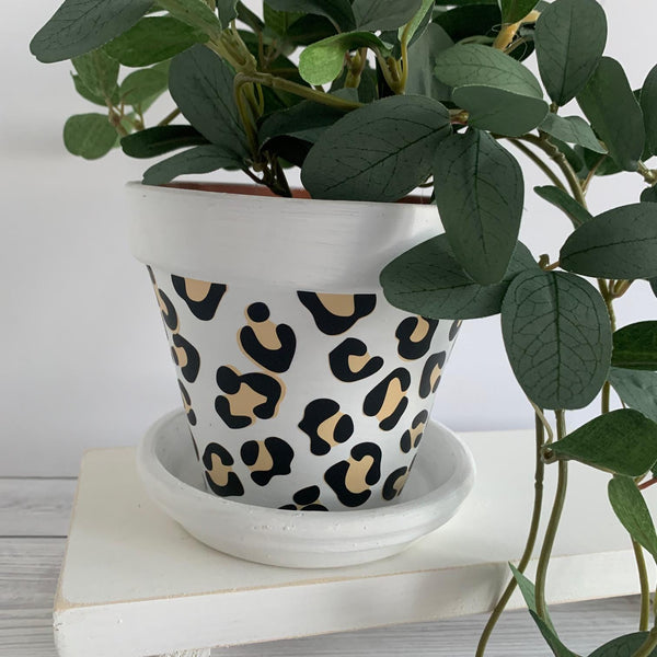 White Black and Gold Leopard Print Plant Pot | 13 cm Flower Pot | Stylish Home Decor | Perfect Birthday, Housewarming Gift, Christmas Gift.