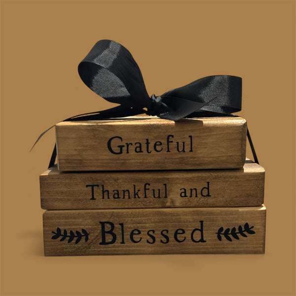 Rustic Farmhouse Wooden Faux Book Stack: Grateful Thankful and Blessed