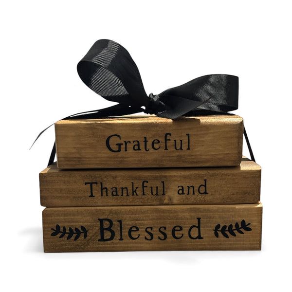 Rustic Farmhouse Wooden Faux Book Stack: Grateful Thankful and Blessed