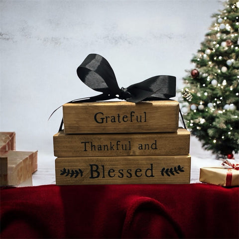 Rustic Farmhouse Wooden Faux Book Stack: Grateful Thankful and Blessed