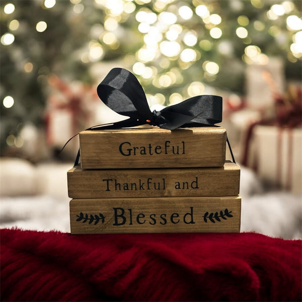 Rustic Farmhouse Wooden Faux Book Stack: Grateful Thankful and Blessed