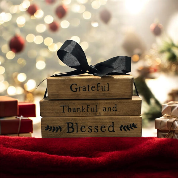 Rustic Farmhouse Wooden Faux Book Stack: Grateful Thankful and Blessed
