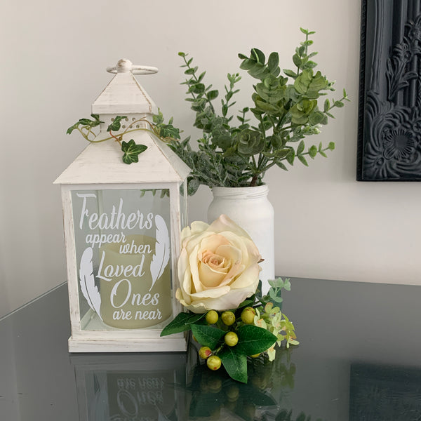 Memorial Lantern, Flickering Candle, Feathers Appear when Loved Ones are near.