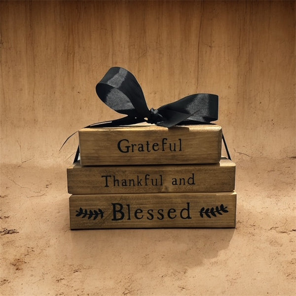 Rustic Farmhouse Wooden Faux Book Stack: Grateful Thankful and Blessed