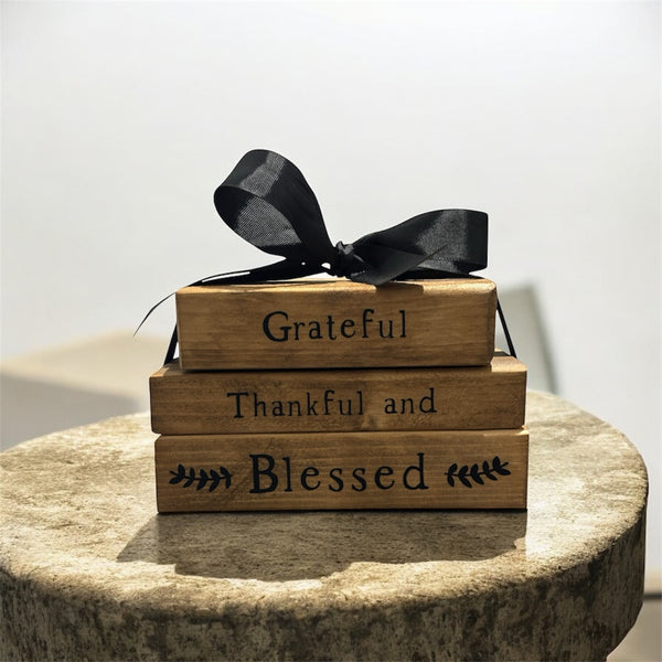 Rustic Farmhouse Wooden Faux Book Stack: Grateful Thankful and Blessed