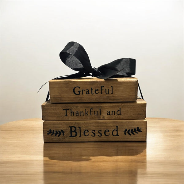 Rustic Farmhouse Wooden Faux Book Stack: Grateful Thankful and Blessed