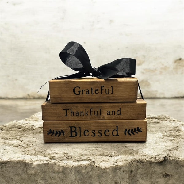 Rustic Farmhouse Wooden Faux Book Stack: Grateful Thankful and Blessed