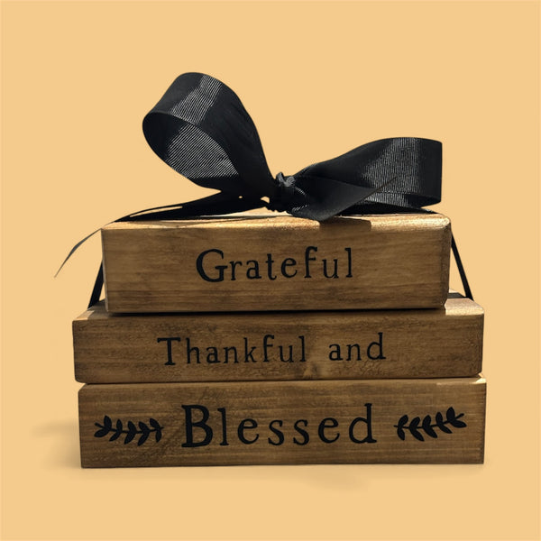Rustic Farmhouse Wooden Faux Book Stack: Grateful Thankful and Blessed